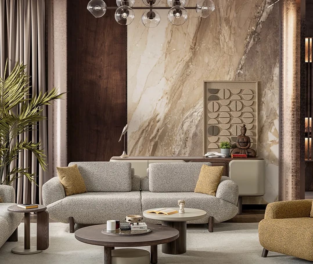 Madrid sofa set against a marble feature wall