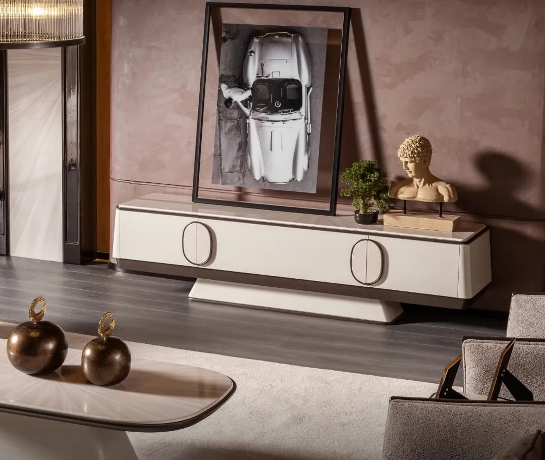 Venetta TV unit styled with sculptural décor